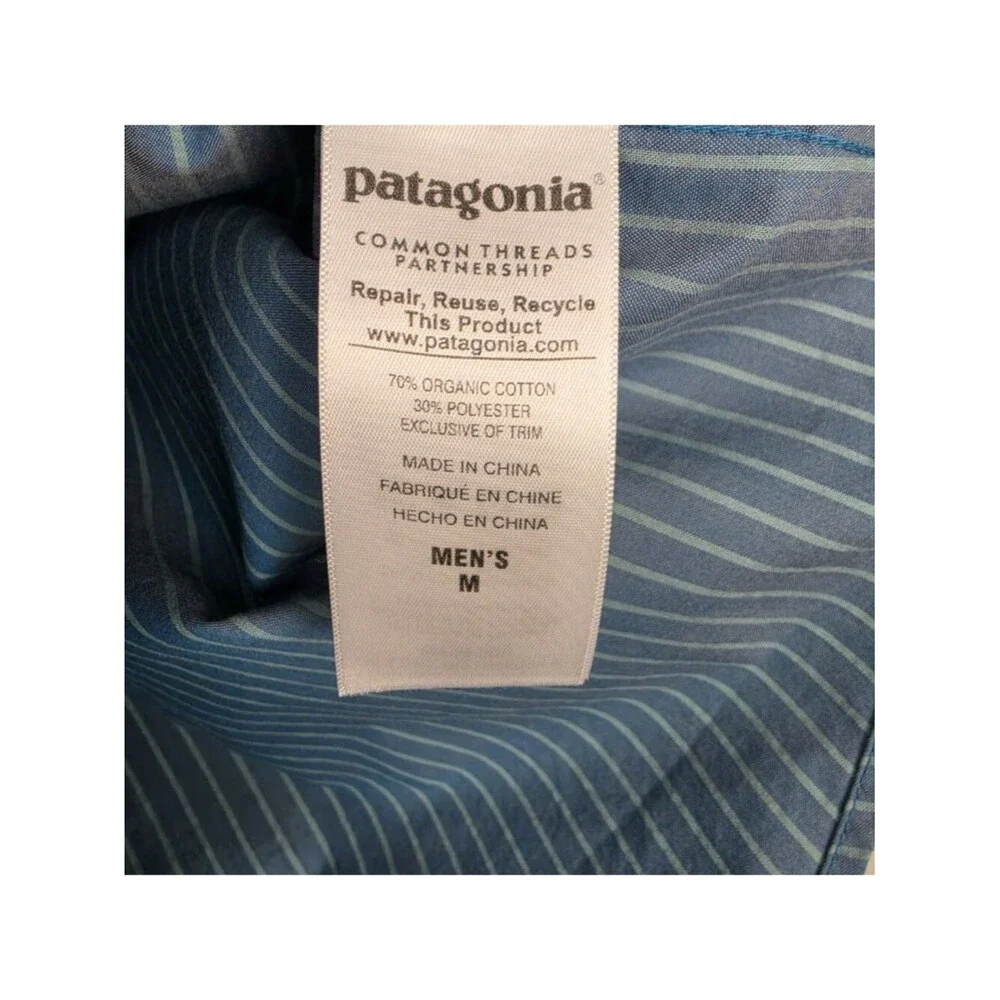 Patagonia Fezzman Button Shirt Short Sleeve Organic Cotton Striped Blue Size M